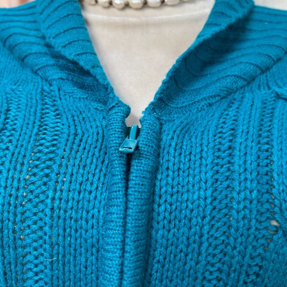 πCarol Rose Turquoise 2-Way Zipper Acrylic Cable Pattern Long Sleeves Cardigan - Picture 5 of 16
